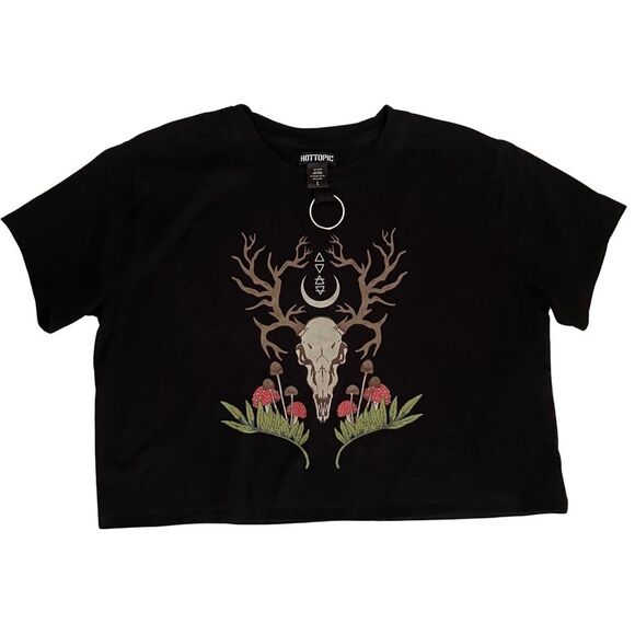 HOT Topic Woodland O-Ring Boxy Crop T-Shirt Black - Picture 1 of 7